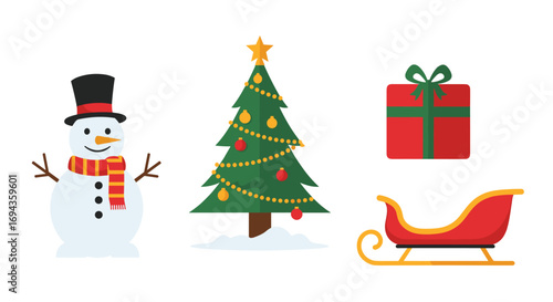 Festive snowman decorated Christmas tree gift box and sleigh bring holiday cheer and winter magic to any seasonal project, Generative AI.