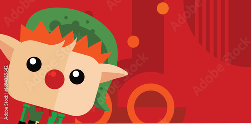 Cute christmas elf on red background - vector illustration