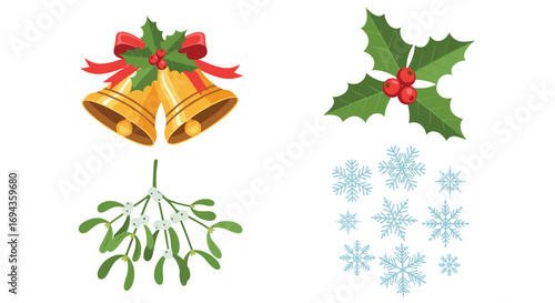 Festive holiday icons featuring golden bells holly mistletoe and snowflakes create a joyful Christmas and winter celebration design, Generative AI.