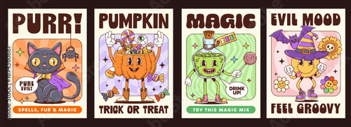 Funny Halloween groovy characters, posters with scary cartoon monsters, vector set. Groovy Halloween posters for horror holiday and trick or treat party with witch smile, black cat and magic potion