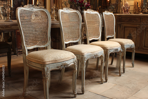 Elegant vintage chairs with cane backs arranged in a row, ideal for luxury home decor or interior design projects