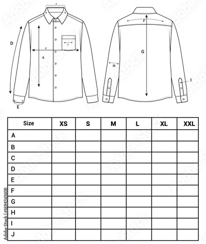long sleeve Shirt Technical Drawing size chart vector Illustration