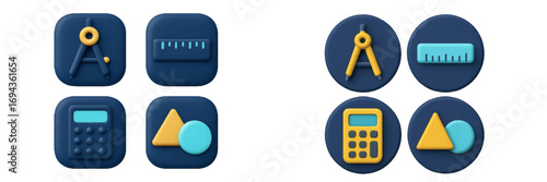 Collection of stylized math and geometry tools icons with calculator, compass, ruler, and basic shapes
