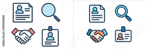 Professional job search and recruitment process symbols featuring resume, magnifying glass, handshake, and ID badge elements