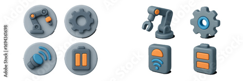 Modern 3D style icons representing industrial automation, system settings, wireless communication, and power supply