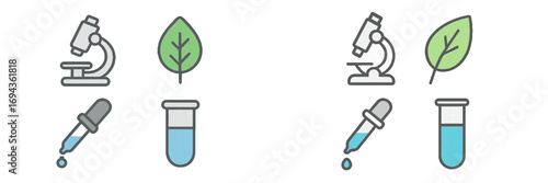 Science and biology icons: microscope, leaf, dropper, test tube