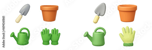Essential gardening tools and supplies including trowel, plant pot, watering can, and protective gloves