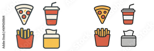 Collection of popular fast food items and snacks presented as colorful outline icons in a modern flat design style on a clean white background