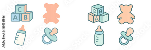 Cute baby essentials set featuring feeding bottle, pacifier, cuddly teddy bear, and educational alphabet blocks