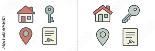 Real estate property icons set with house, key, location pin, and signed document for home ownership concepts