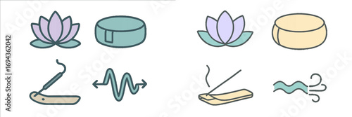 Modern spiritual wellness and mindfulness elements for relaxation, inner peace, and meditation practices including lotus flowers and incense