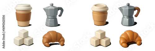 Stylized breakfast items set with disposable coffee cups, traditional Moka pots, fresh croissants, and sugar cubes