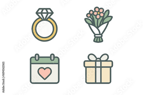 Elegant collection of romantic celebration symbols featuring a diamond ring, floral bouquet, heart calendar, and gift box for love and special occasions