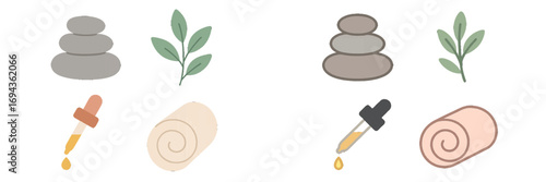 Spa and wellness icons collection featuring natural elements, essential oil dropper, and rolled towel for relaxation and self-care