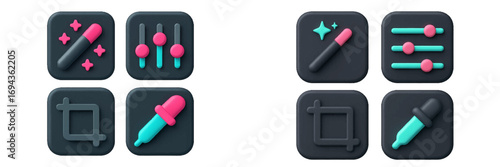 Modern 3D style icons representing photo editing, image adjustment, cropping, and color selection functions for digital applications