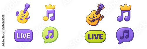 Cartoon music icons set with guitars, musical notes, crowns, and live streaming buttons for digital media and entertainment