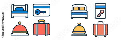 Essential hotel and travel accommodation symbols featuring bed, key card, luggage, and service bell for hospitality designs and services
