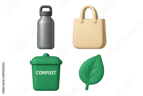Sustainable lifestyle items: reusable water bottle, shopping bag, compost bin, green leaf for environmental care