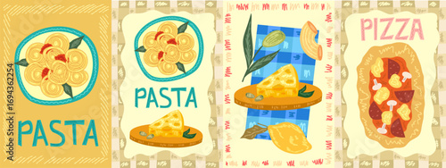Set poster with pizza, pasta and cheese. Italian food  poster. Kitchen postcard with Italian spaghetti, cheese and olive