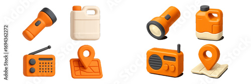 Emergency preparedness symbols: flashlight, fuel can, radio, and map marker