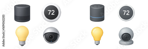 Modern smart home technology devices set featuring speakers, thermostats, light bulbs, and security cameras for automation