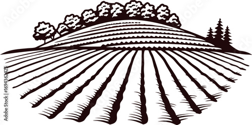 Hillside agricultural field with furrows and distant trees, vintage engraved rural landscape illustration