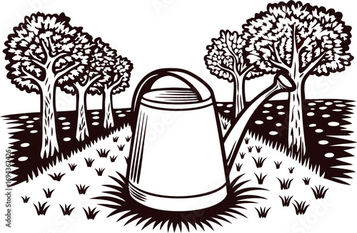 Hand drawn watering can and orchard trees in vintage engraved on grassy landscape