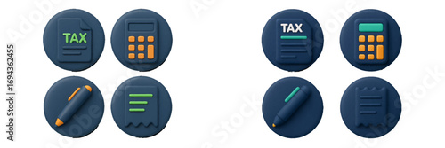 Modern 3D style icons representing tax and finance concepts including calculator, document, pen, and receipt