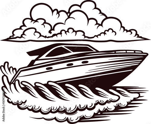 Sleek modern speedboat cutting through ocean waves with dramatic clouds above, black and white illustration