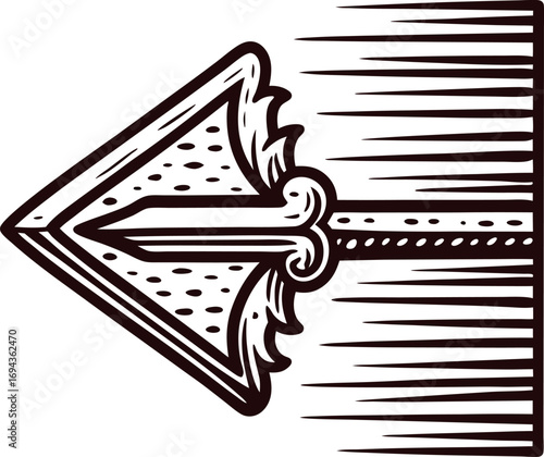 Hand drawn stylized arrowhead in motion with speed lines vintage black and white engraving illustration
