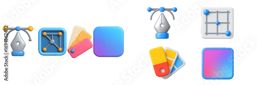 3D rendered icons representing digital graphic design software tools and creative process elements for artistic projects and visual content creation