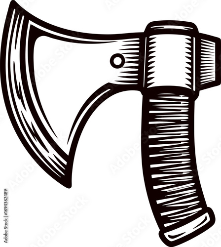 Hand drawn vintage hatchet illustration with detailed wooden handle and etched steel blade isolated on white