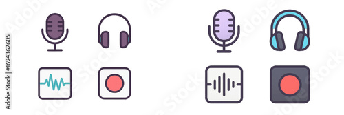 Collection of audio recording and playback icons including microphone, headphones, sound wave, and record button symbols