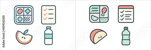 Healthy meal prep and planning icons for diet and nutrition