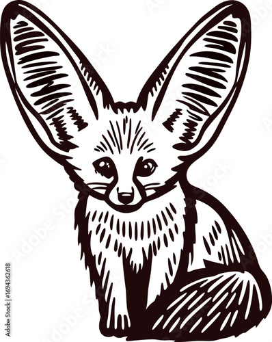 Hand drawn fennec fox with large ears sitting vintage engraved animal illustration
