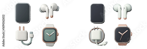 Collection of modern electronic gadgets including smartphones, earbuds, smartwatches, and chargers