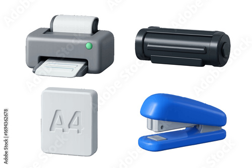 Office supplies group: gray printer, black toner, white paper, blue stapler