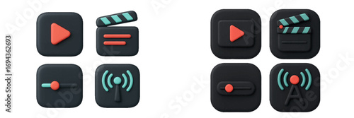 Modern digital media interface icons: play button, clapperboard, slider, signal antenna for web and app