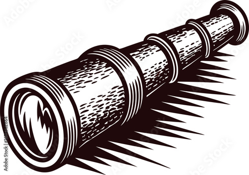 Hand drawn vintage brass telescope isolated old nautical spyglass with extended barrels in engraving illustration