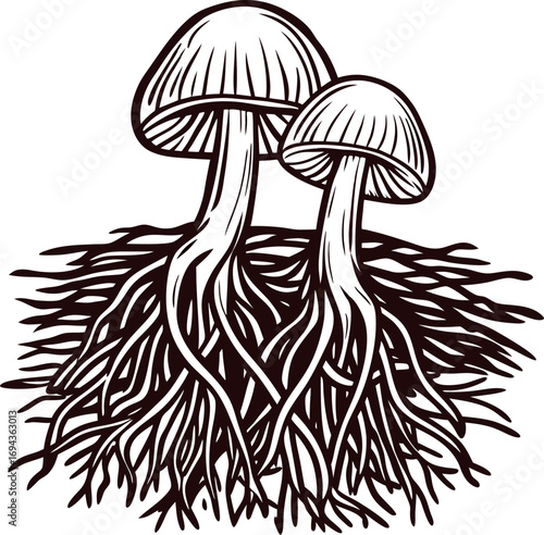 Hand drawn illustration of two mushrooms with roots vintage black and white botanical sketch