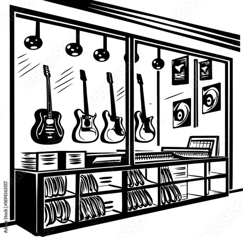 monochrome illustration of modern music store interior with hanging guitars, keyboard, records, and decor elements