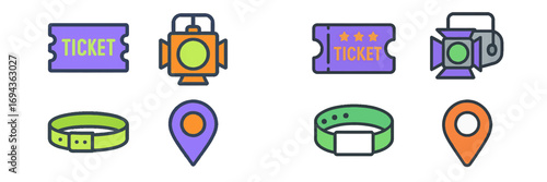 Colorful event and entertainment icon set with tickets, spotlights, wristbands, and location pins for concerts and festivals
