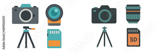 Photography equipment icon set with camera, lens, tripod, and memory card isolated on a white background