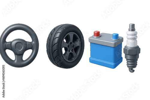 Car parts icon set with steering wheel, tire, battery, and spark plug for automotive service and repair concepts