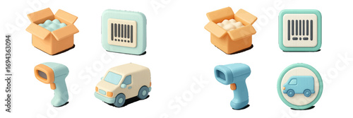 Logistics and delivery icon set in 3D style featuring a shipping box, barcode reader, and transport van for e-commerce