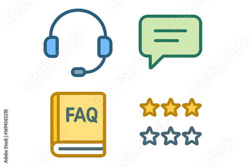 Essential customer service support, online communication, frequently asked questions, and feedback rating system icons