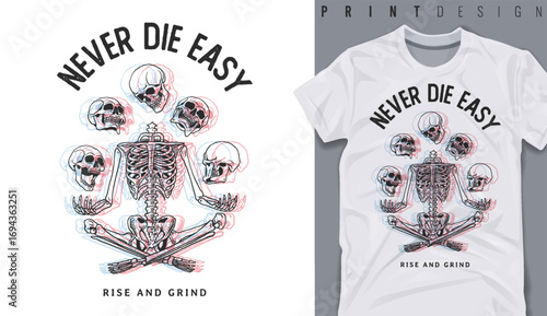 Graphic t-shirt design, never die easy slogan with skeleton  ,vector illustration for t-shirt.