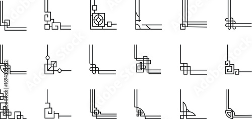 asian corner set in vintage style on white background. Traditional chinese ornaments. Artwork graphic, asian culture decoration stock vector illustration