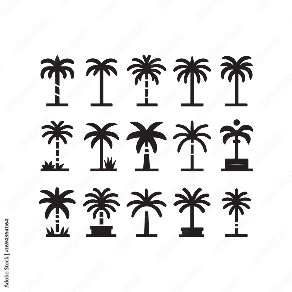 Fototapeta premium Palm Tree Icon Set – Tropical Silhouette Vector Collection