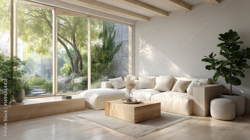 Fototapeta premium Modern Living Room, Neutral Decor, Indoor Plants, Cozy Home